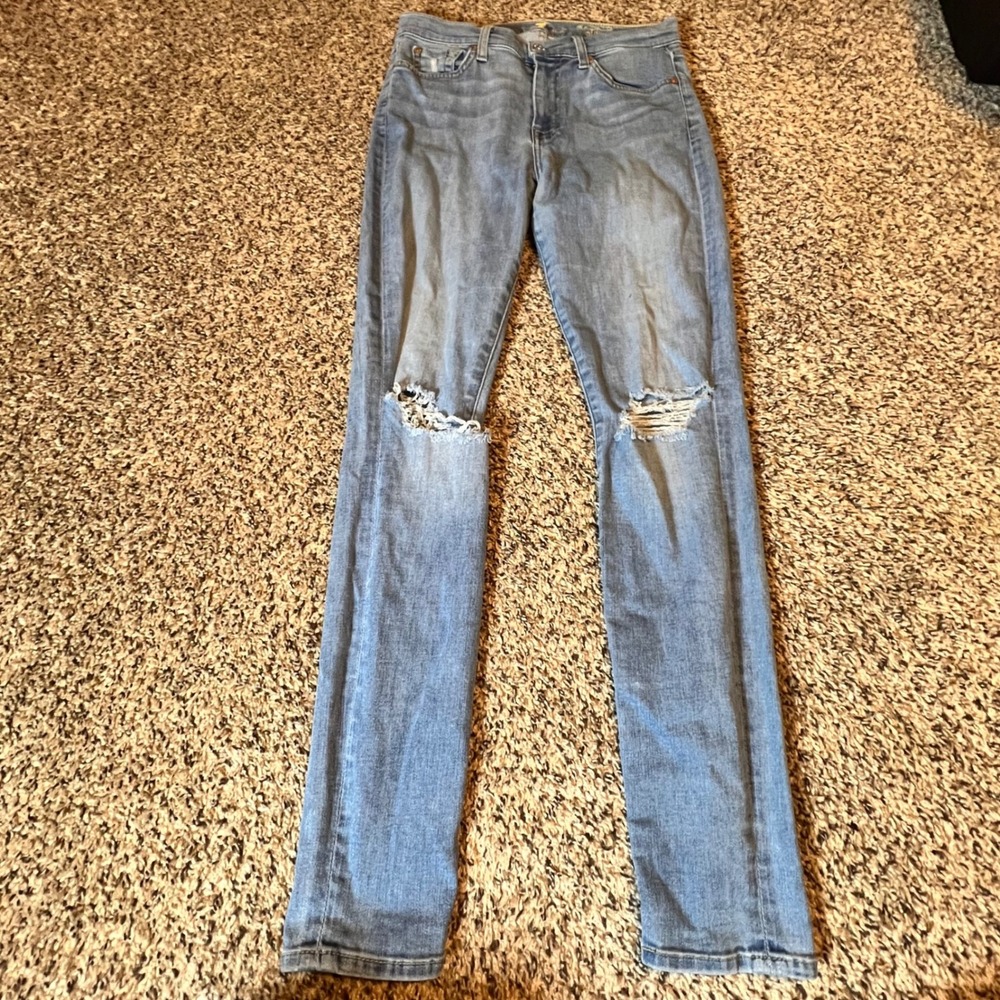 7 For All Mankind High Waist Skinny Distressed Jeans Light Wash‎ Blue Size 28
